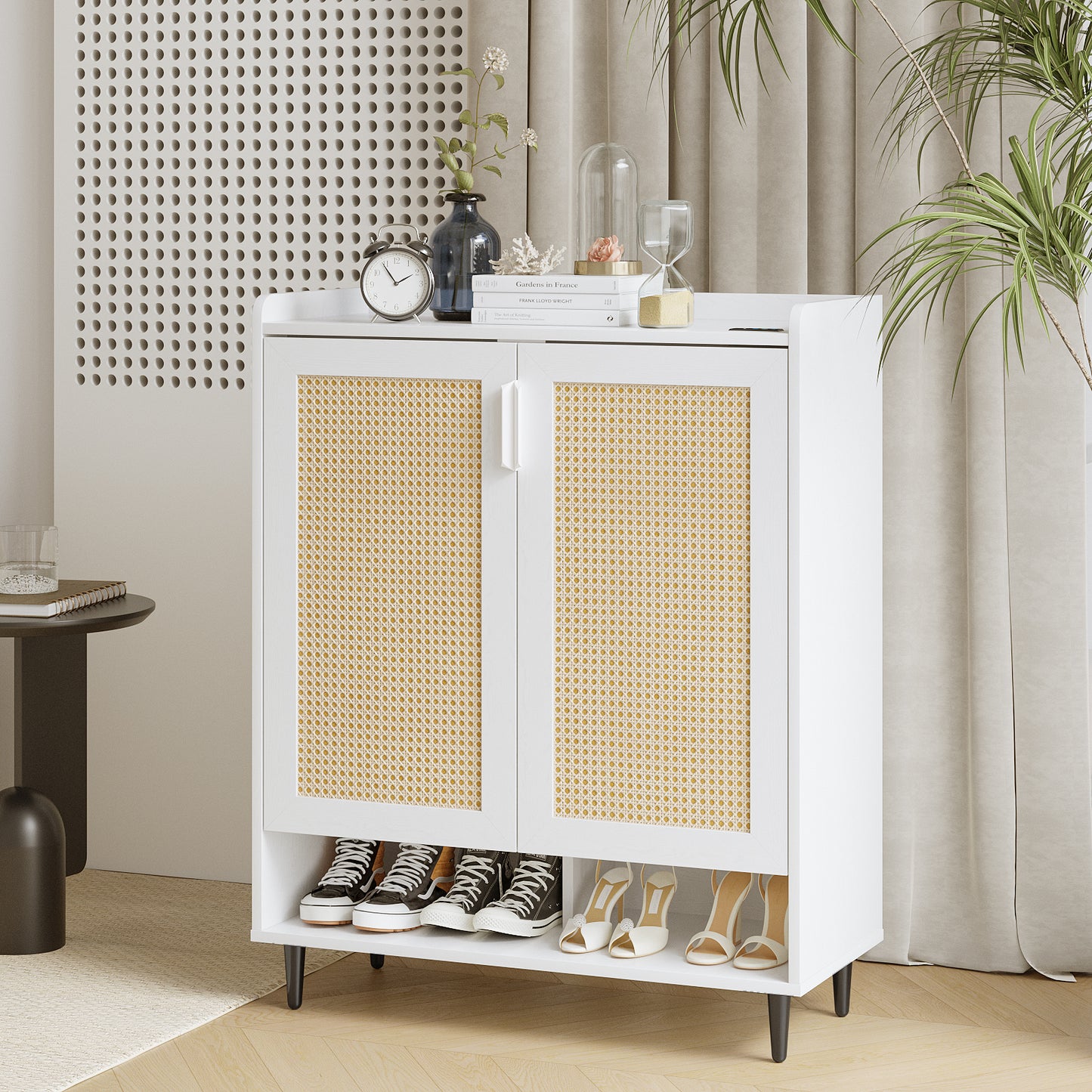 Shoe Cabinet with Rattan Door, 5-Tier 31" Lx14 Wx38 H White