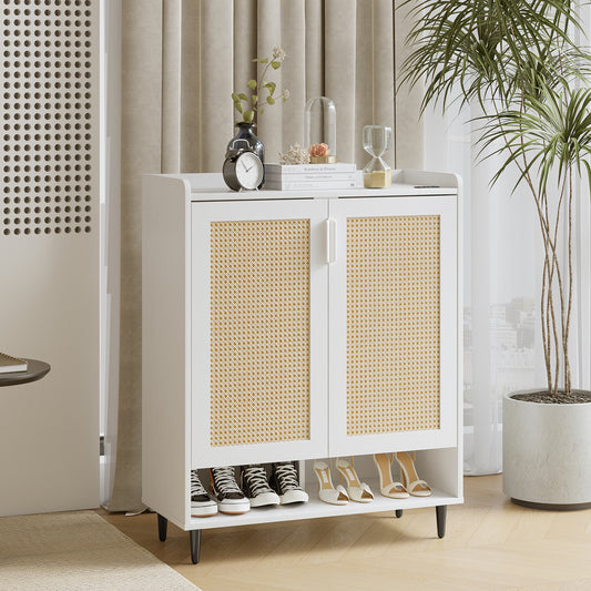 Shoe Cabinet, 5-Tier with Rattan Door, 31" Lx14 Wx38 H White