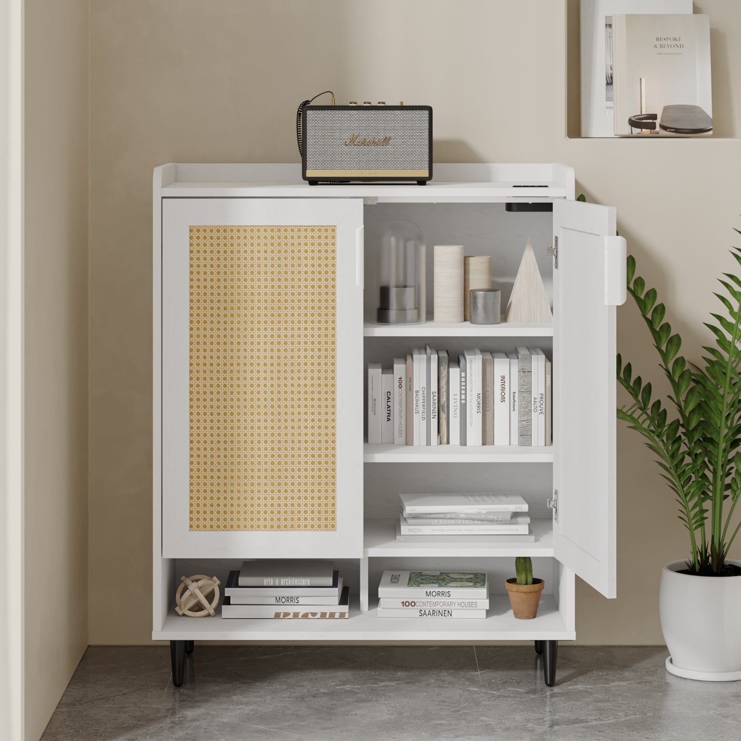Shoe Cabinet, 5-Tier 31 x 14 x 38 inches with Rattan Door White