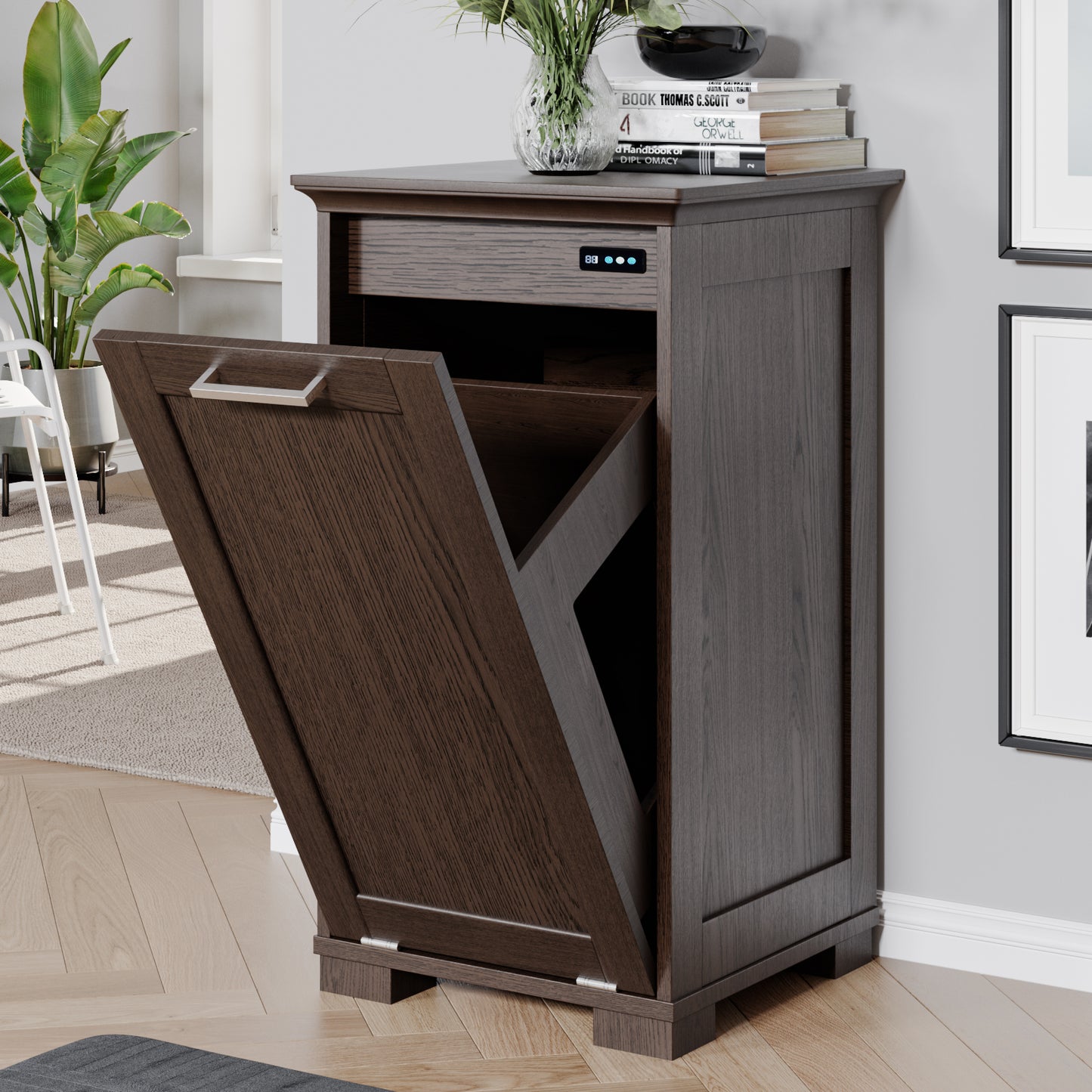 UpWiew Tilt Out Trash Cabinet Wooden, Single Door 10 Gallons, Dark Walnut