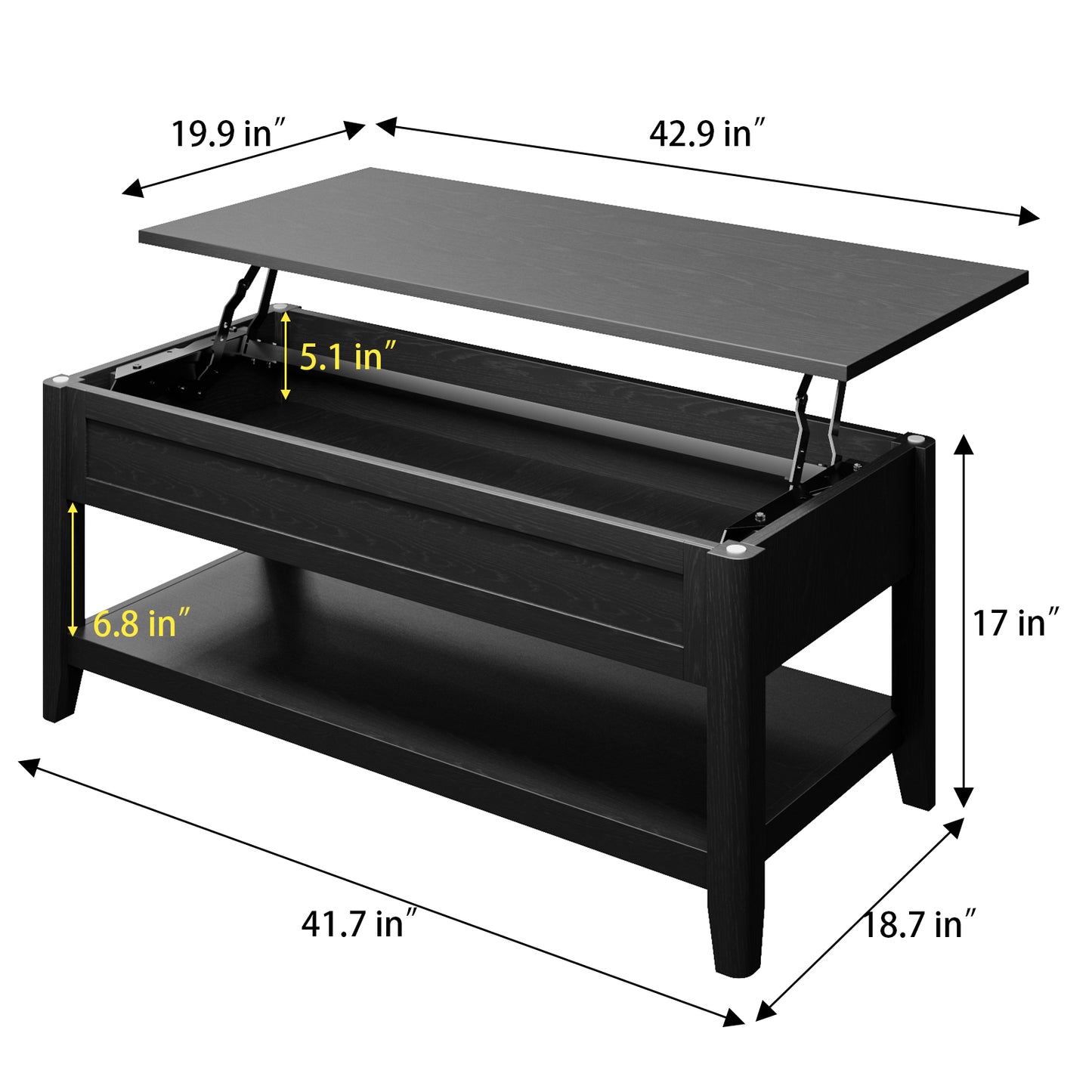 Lift Top Coffee Table, Black 42" Lx19 Wx17 H